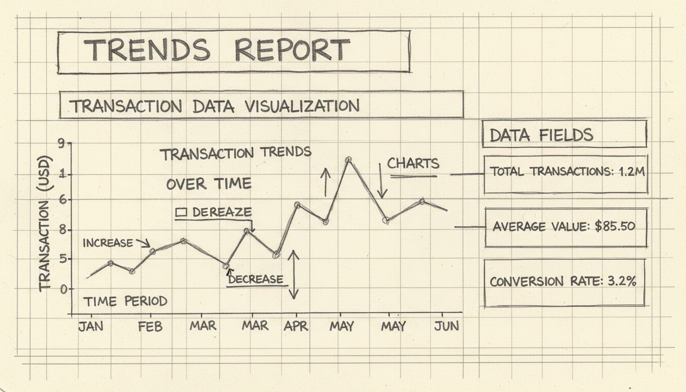 Trends report dashboard showing transaction data visualization with line charts and data fields