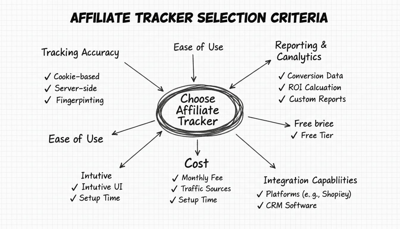Decision tree diagram showing five main criteria for choosing an affiliate tracker: Tracking Accuracy, Ease of Use, Cost, Reporting & Analytics, and Integration Capabilities
