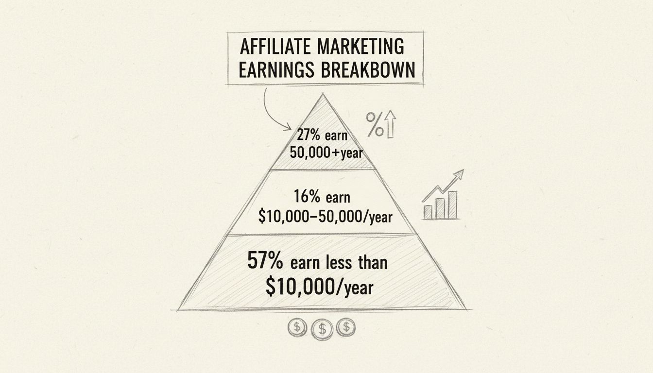 Affiliate marketing earnings pyramid showing income distribution: 57% earn less than $10,000/year, 16% earn $10,000-$50,000/year, 27% earn $50,000+/year