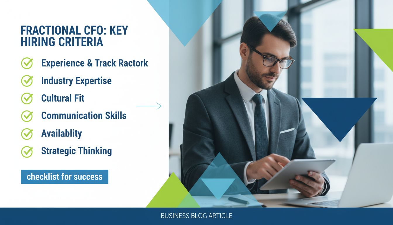 Fractional CFO hiring criteria checklist including experience, industry expertise, cultural fit, communication skills, availability, references, technical competence, and strategic thinking