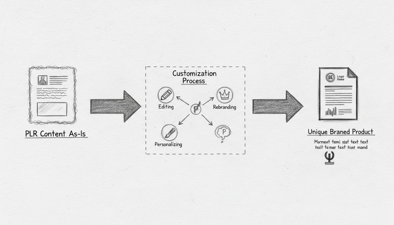 PLR content customization workflow showing transformation from generic content to unique branded product through editing, rebranding, and personalization