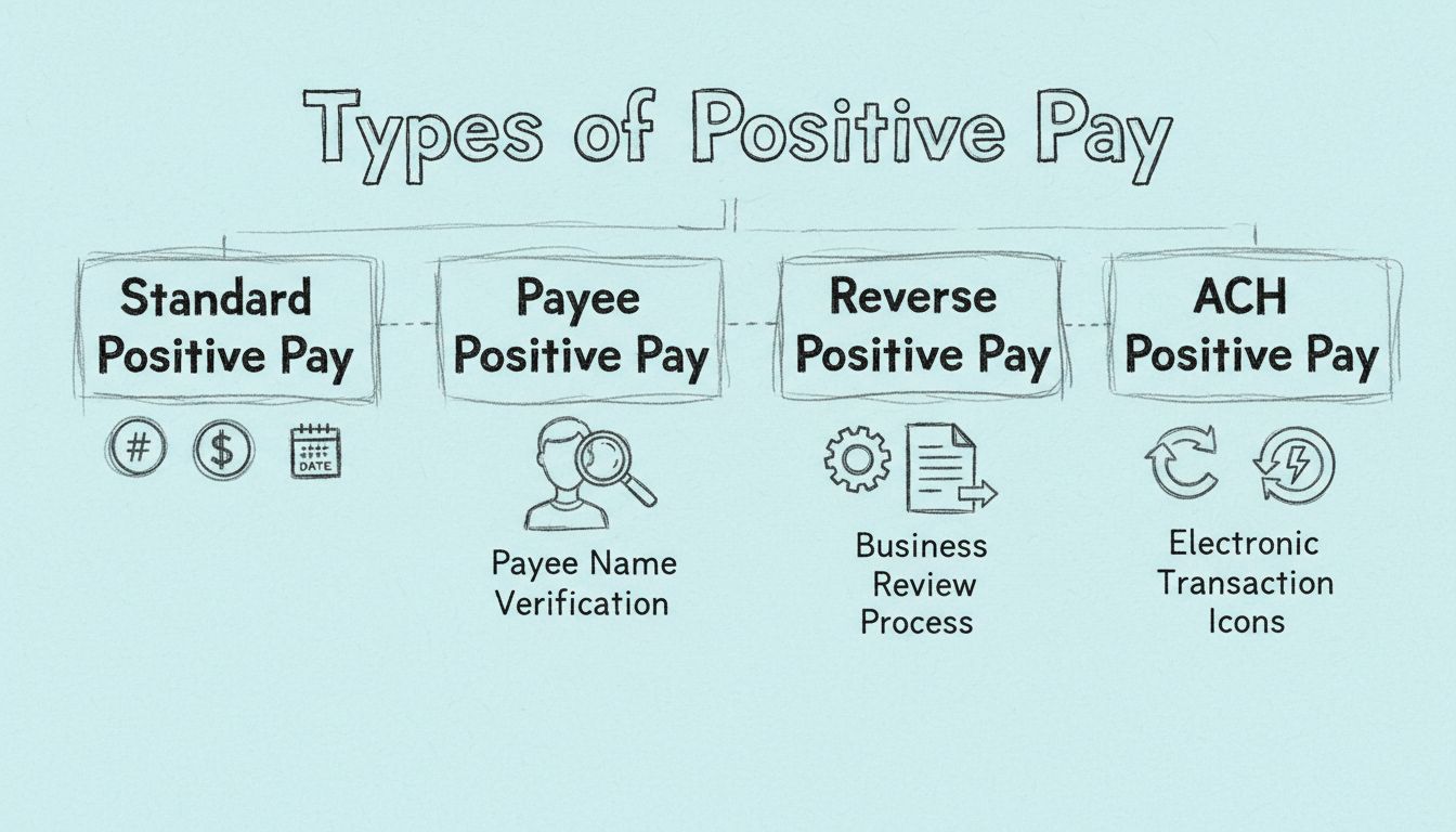 Hand-drawn diagram showing the four types of Positive Pay systems with boxes for Standard, Payee, Reverse, and ACH Positive Pay
