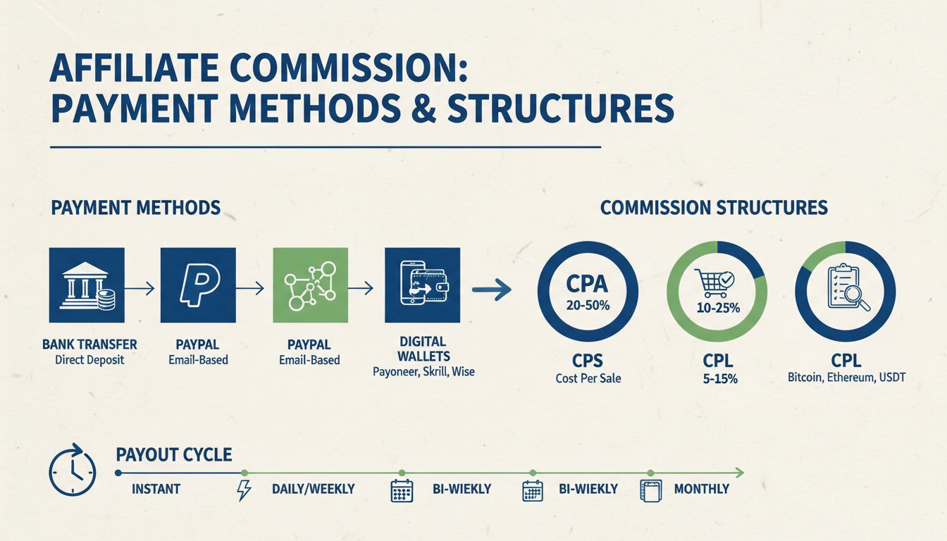 Affiliate commission payment methods and structures infographic showing CPA, CPS, CPL models and various payout options