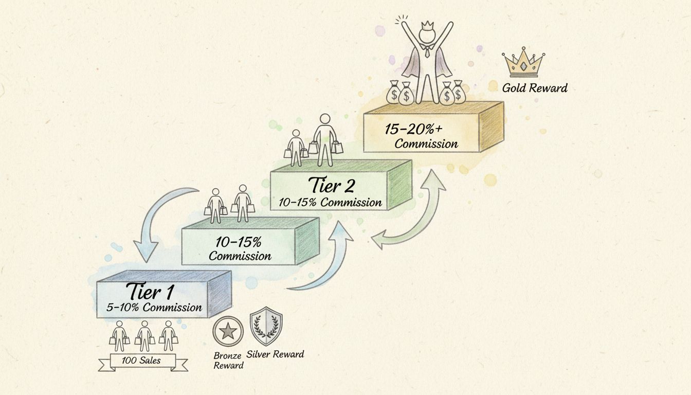Tiered performance rewards system showing three tiers with commission percentages and sales thresholds
