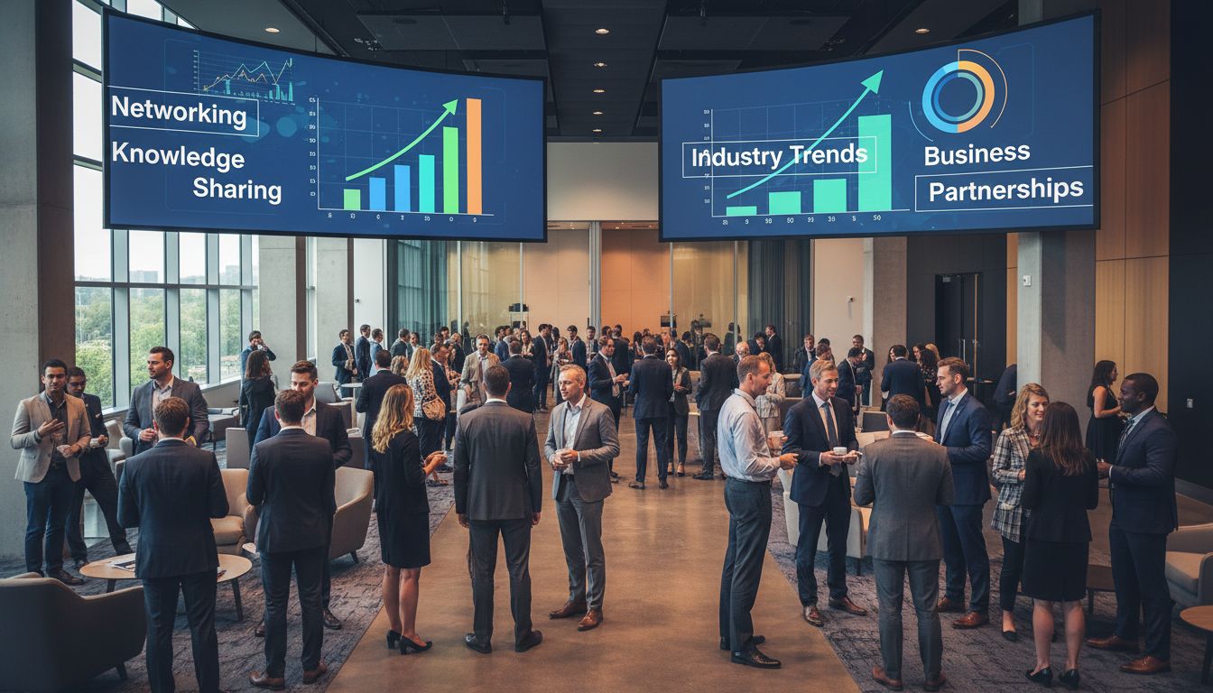 Professional marketing conference with networking professionals discussing strategies and industry trends