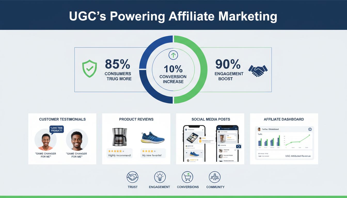 UGC impact on affiliate marketing showing 85% consumer trust, 10% conversion increase, and 90% engagement boost statistics