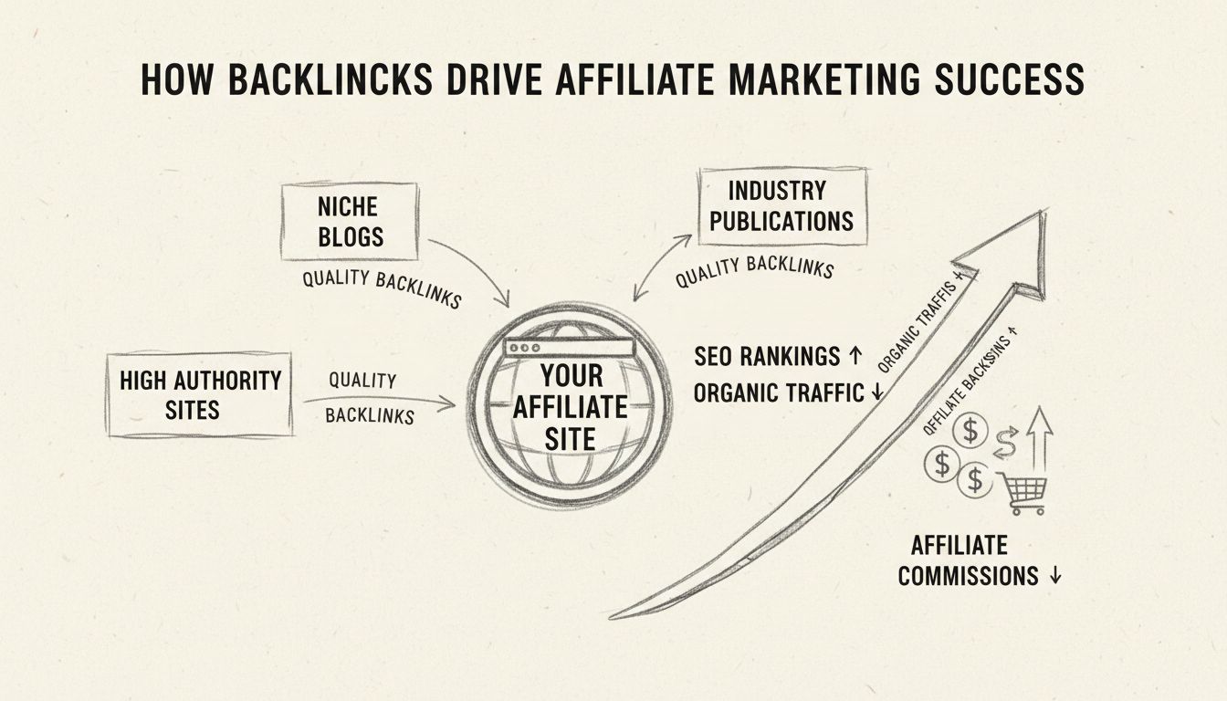 Hand-drawn diagram showing how backlinks drive affiliate marketing success with arrows from high authority sites pointing to your affiliate site, leading to increased SEO rankings, organic traffic, and affiliate commissions