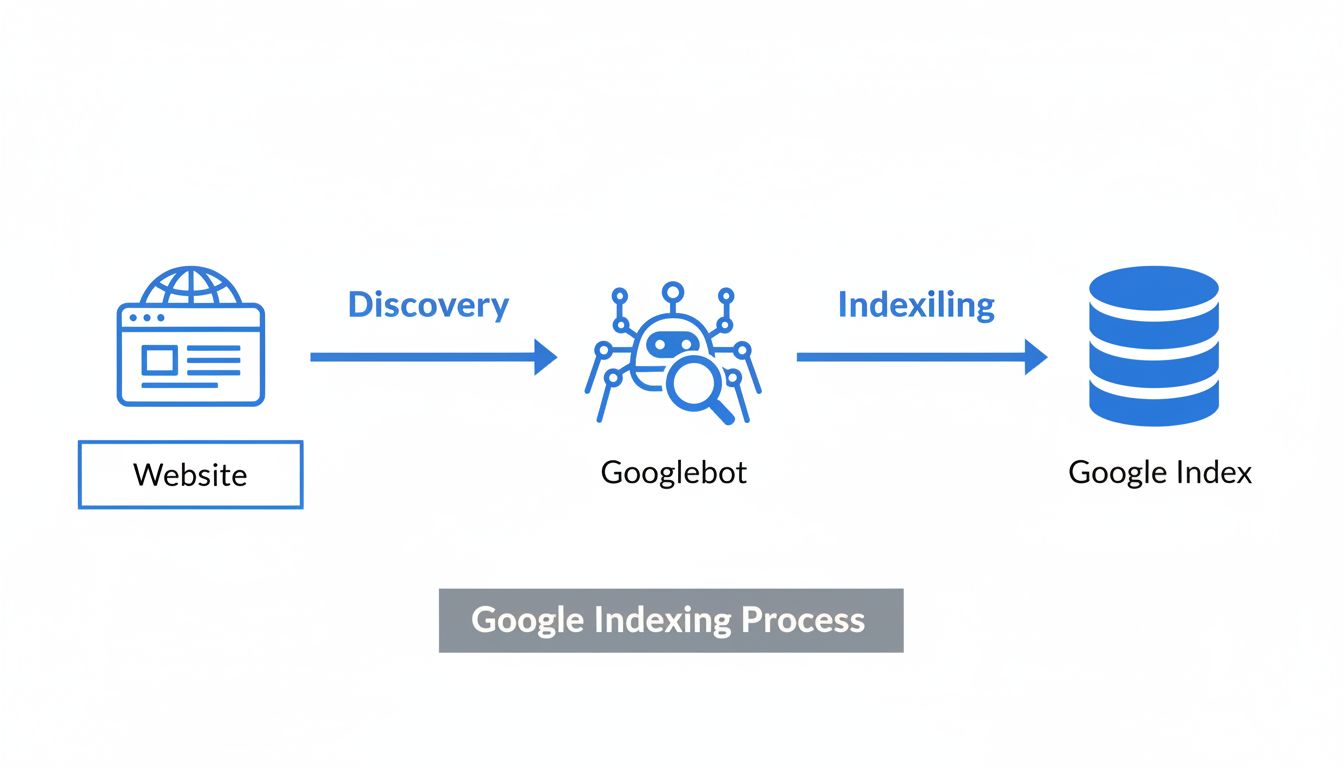 Google indexing process diagram showing Discovery, Crawling, and Indexing phases