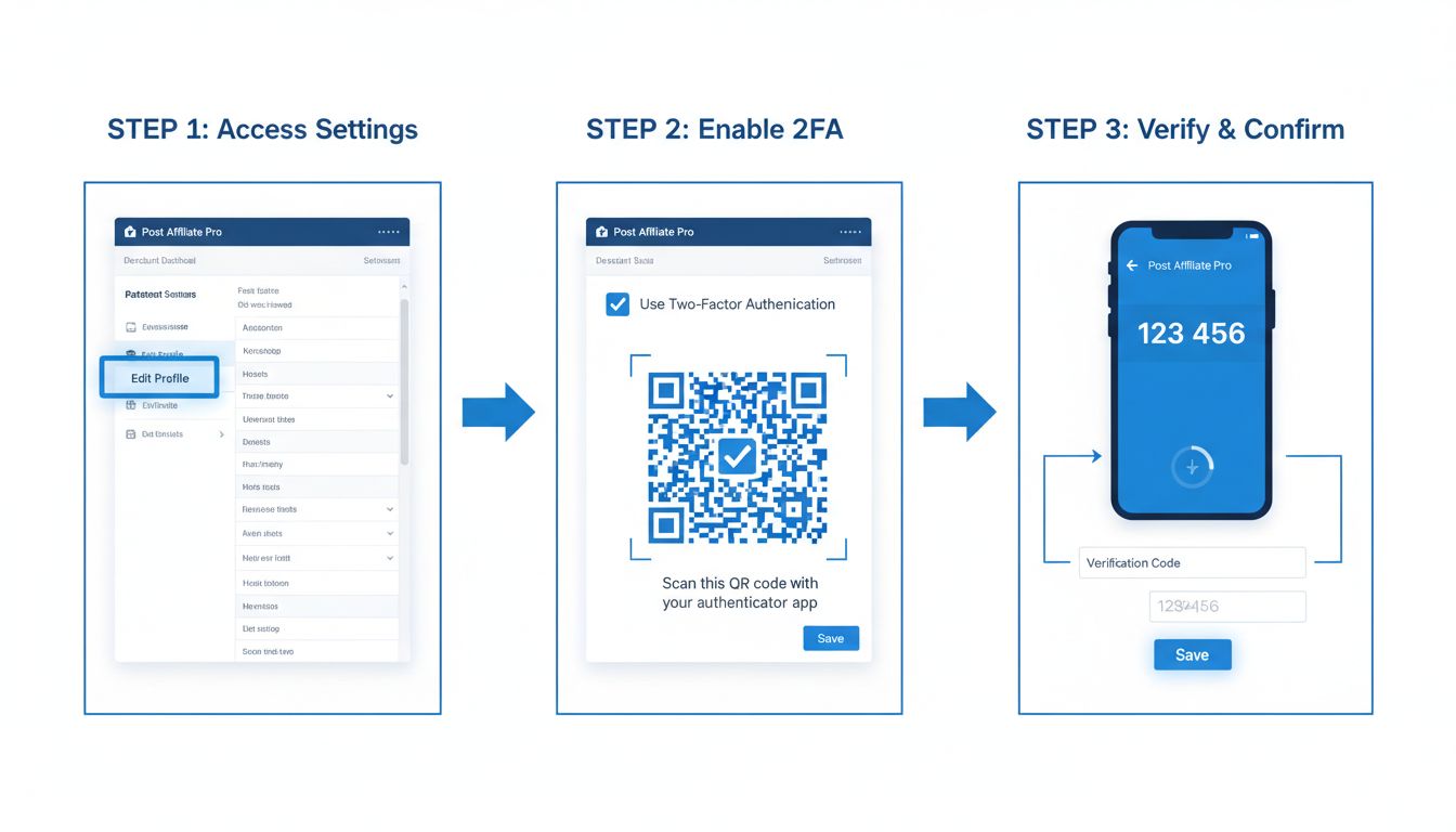 Two-factor authentication setup process in Post Affiliate Pro showing Edit Profile section, QR code scanning, and verification code entry