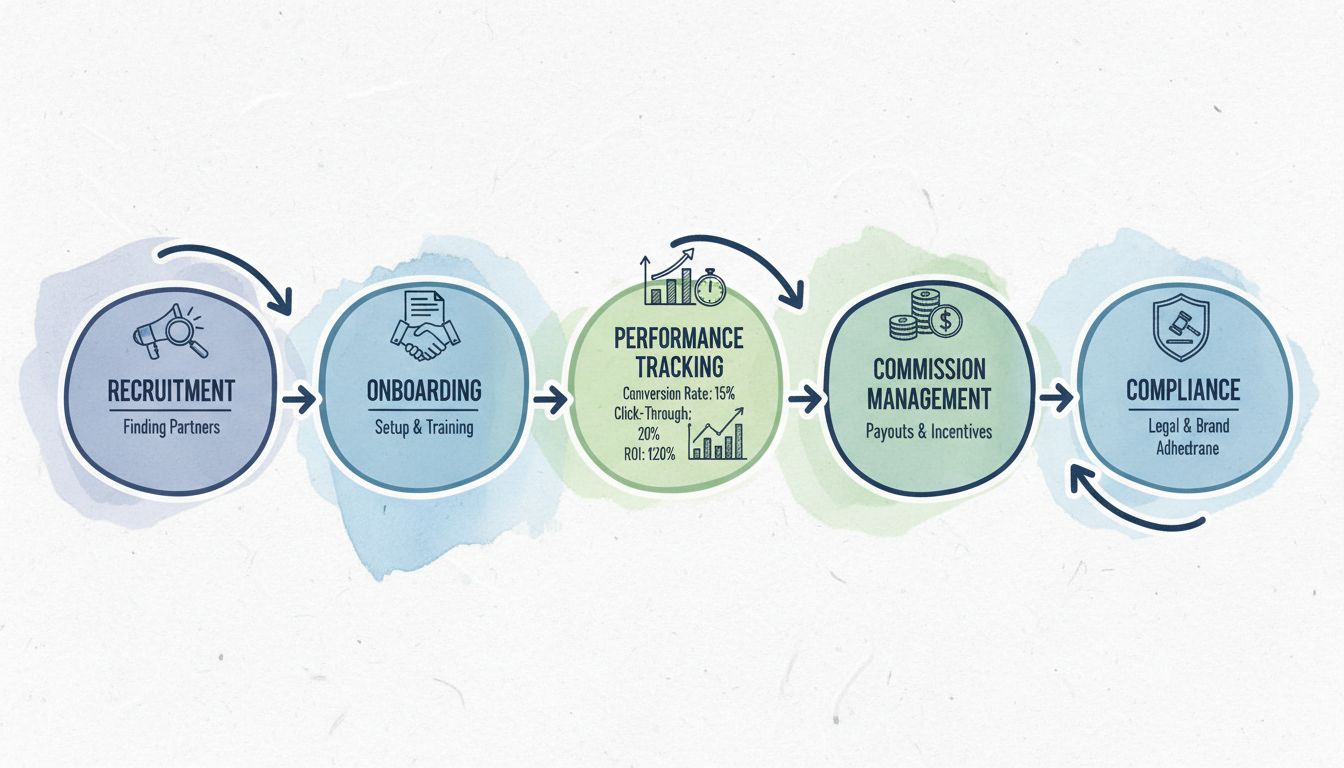 Affiliate program management workflow showing recruitment, onboarding, performance tracking, commission management, and compliance stages