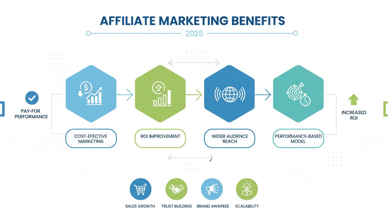 Affiliate Marketing Benefits Infographic showing cost-effective marketing, ROI improvement, wider audience reach, and performance-based model
