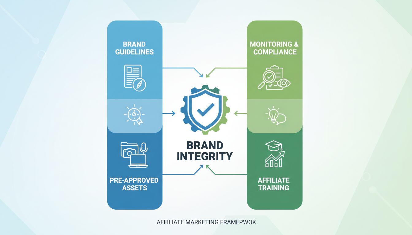 Brand Integrity Framework for Affiliate Marketing showing central brand shield with four pillars: Brand Guidelines, Monitoring & Compliance, Pre-approved Assets, and Affiliate Training