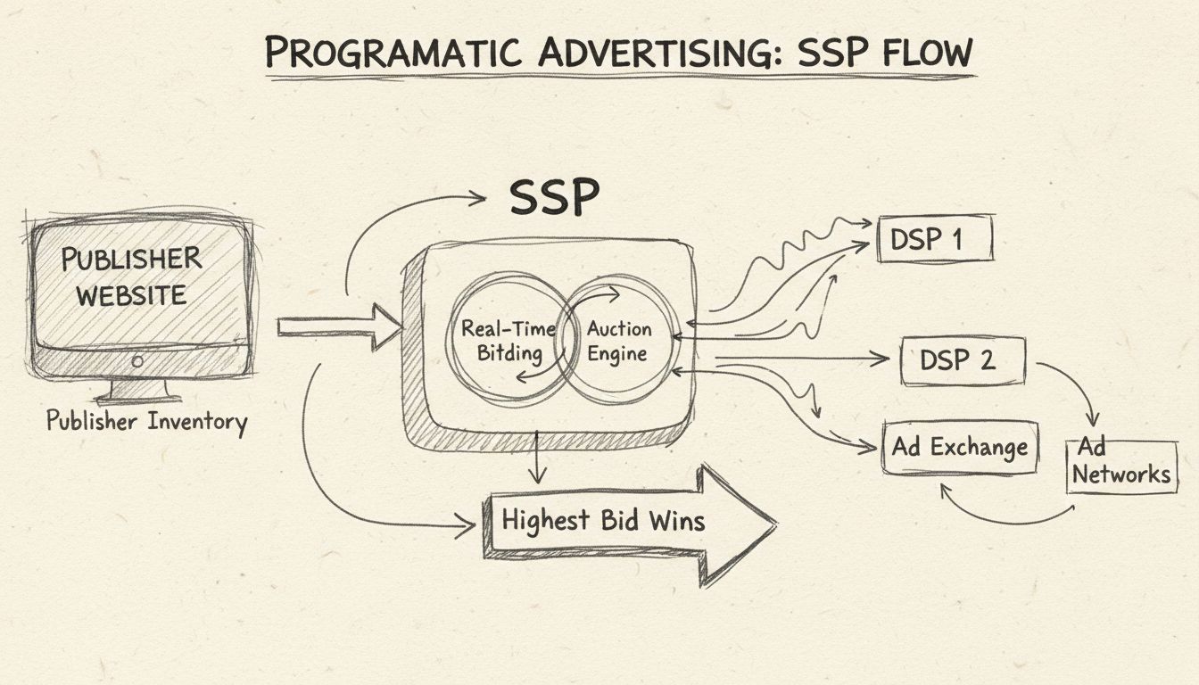 Hand-drawn diagram showing SSP architecture with publisher inventory, real-time bidding engine, and multiple demand sources competing for ad placements