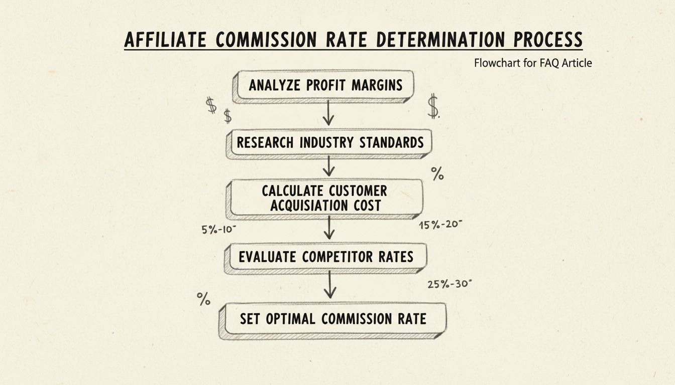 Flowchart showing the process of determining affiliate commission rates with steps: Analyze Profit Margins, Research Industry Standards, Calculate Customer Acquisition Cost, Evaluate Competitor Rates, and Set Optimal Commission Rate