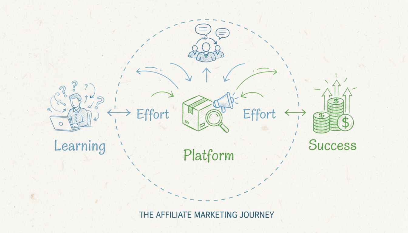 Hand-drawn diagram showing the affiliate marketer journey with learning, platform, effort, and success symbols