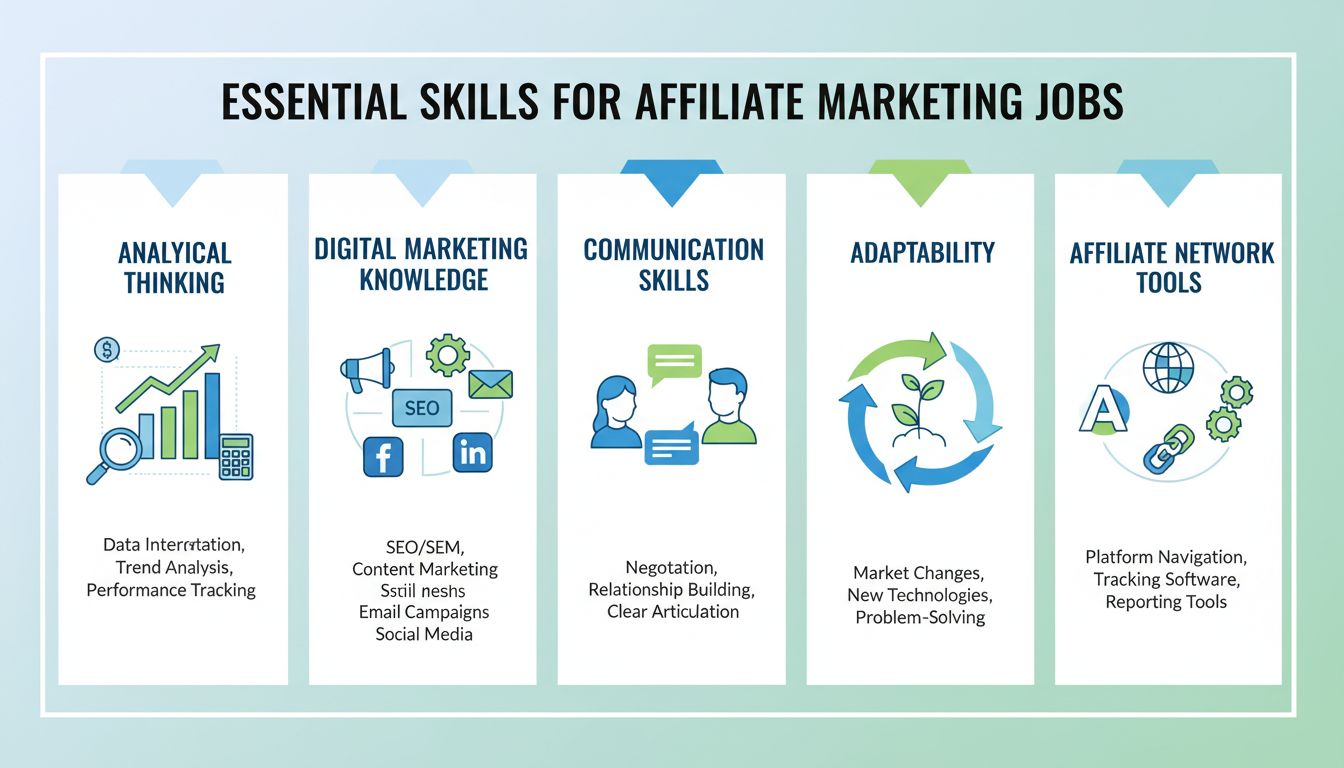 Essential skills for affiliate marketing jobs including analytical thinking, digital marketing, communication, adaptability, and affiliate network tools