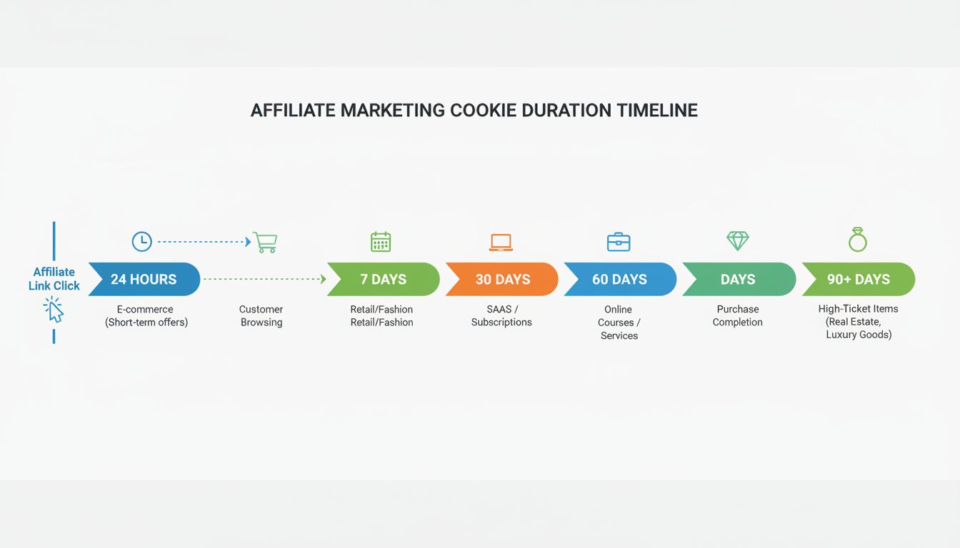 Cookie duration timeline infographic showing 24 hours, 7 days, 30 days, 60 days, and 90 days tracking windows with customer journey from affiliate link click to purchase completion