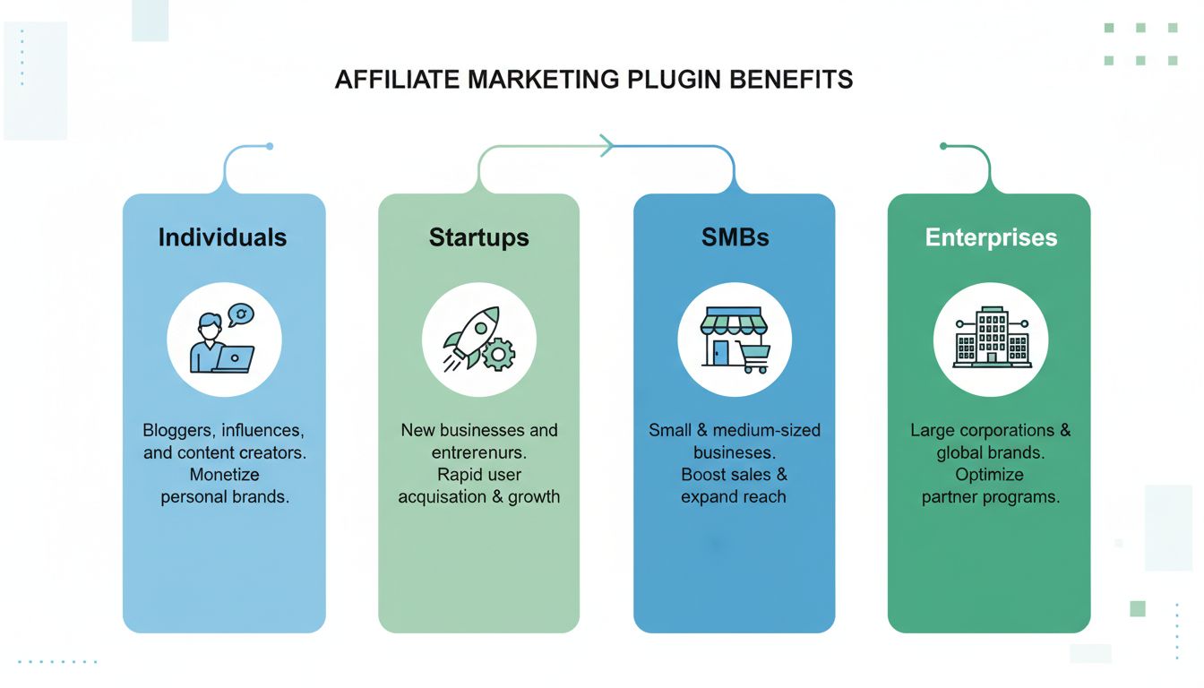 User segments benefiting from affiliate marketing plugins: individuals, startups, SMBs, and enterprises