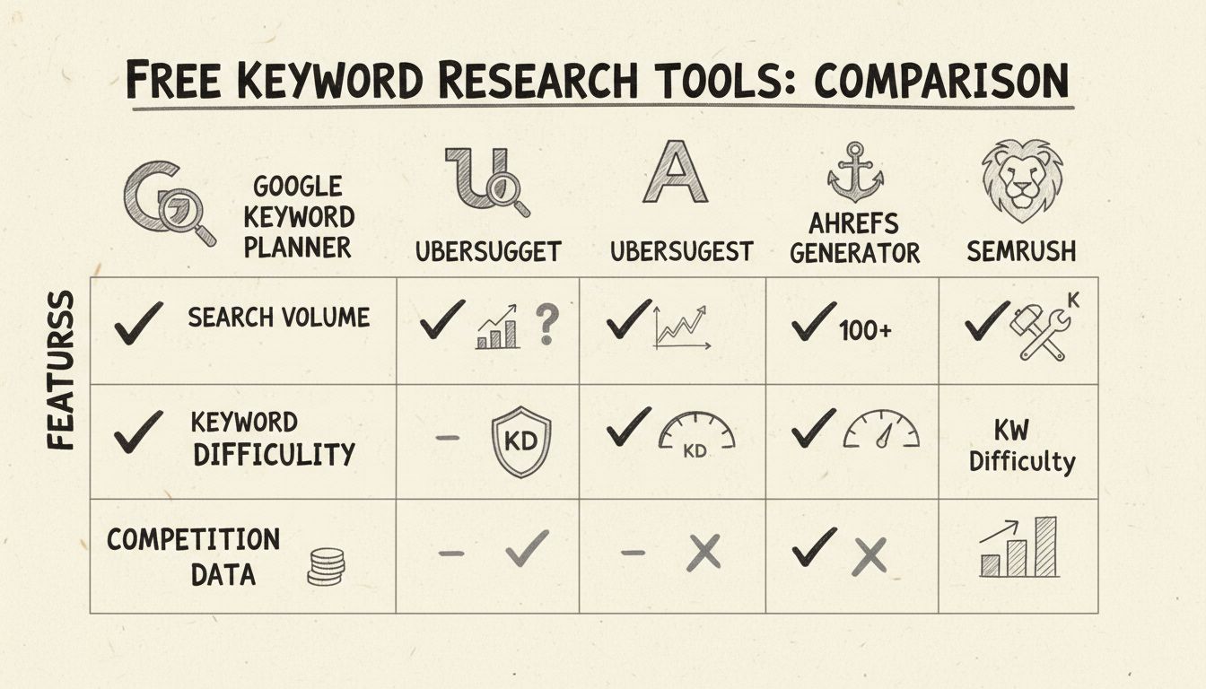 Comparison diagram of free keyword research tools showing features and metrics for Google Keyword Planner, Ubersuggest, Ahrefs, and Semrush