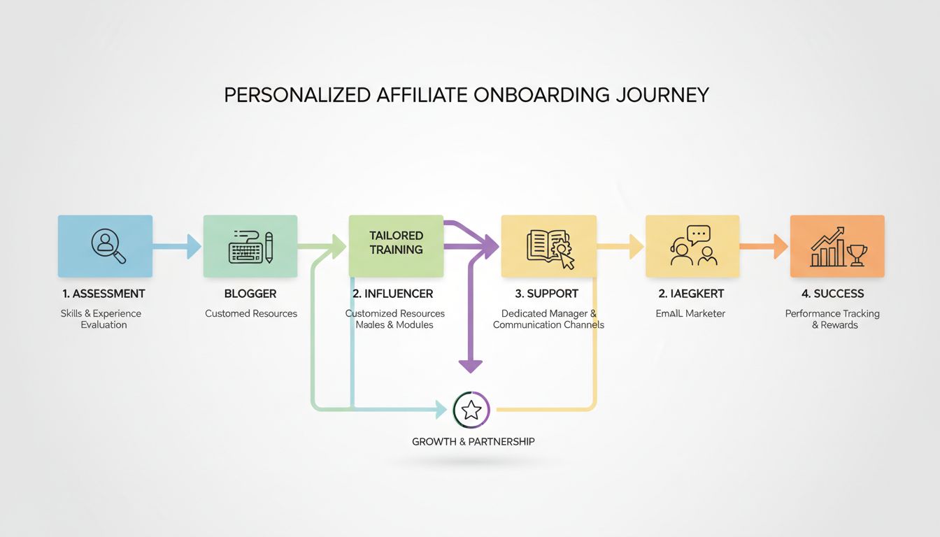 Personalized affiliate onboarding process diagram showing assessment, tailored training, support, and success stages with different affiliate types