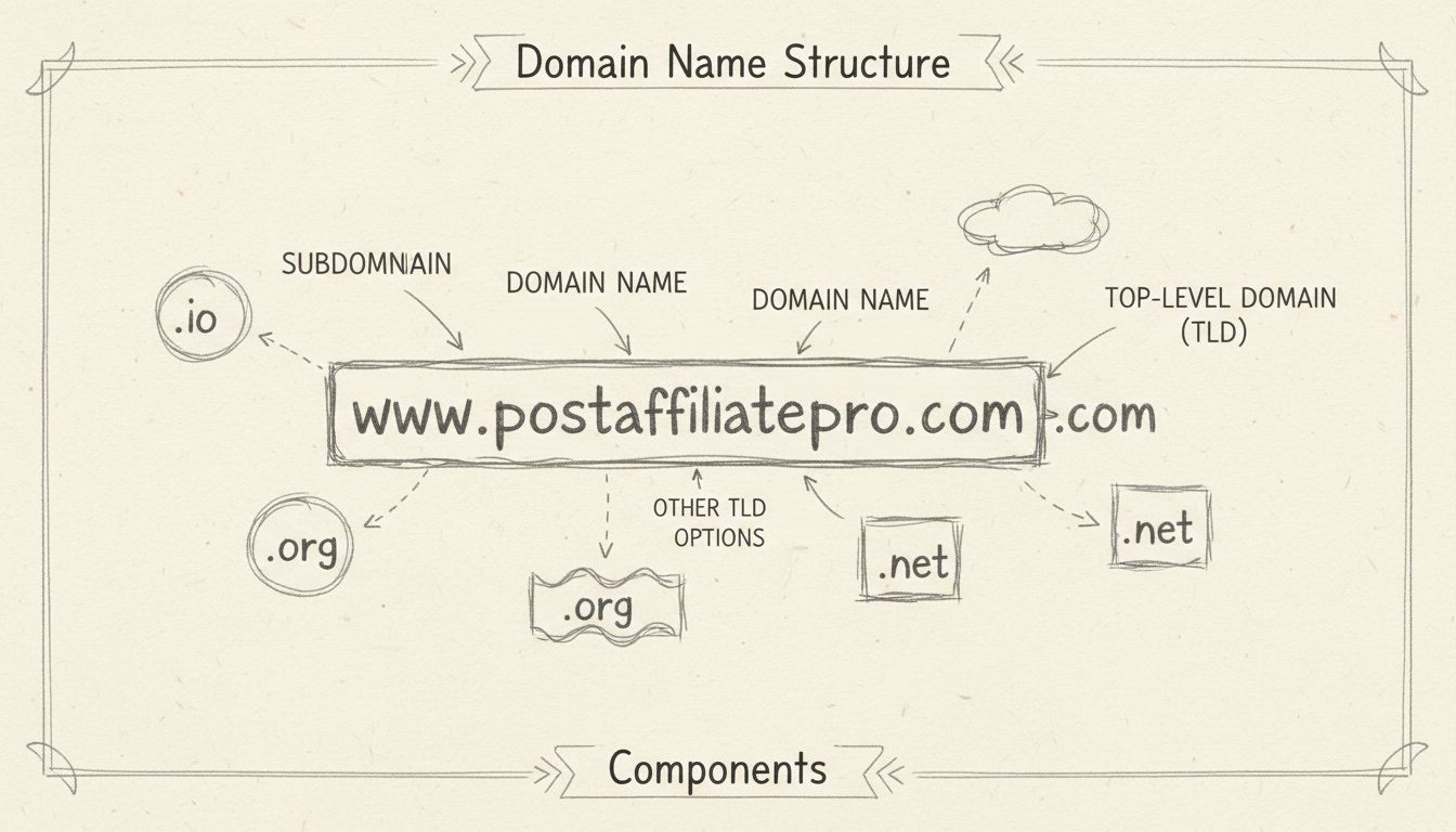Domain name structure diagram showing subdomain, domain name, and TLD components with examples of different top-level domain options