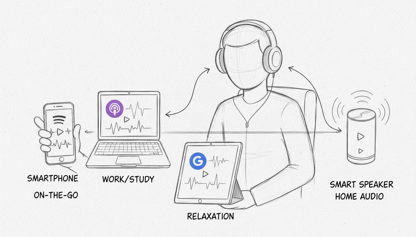 Hand-drawn diagram showing podcast listening on multiple devices including smartphone, laptop, tablet, and smart speaker with app icons and headphones