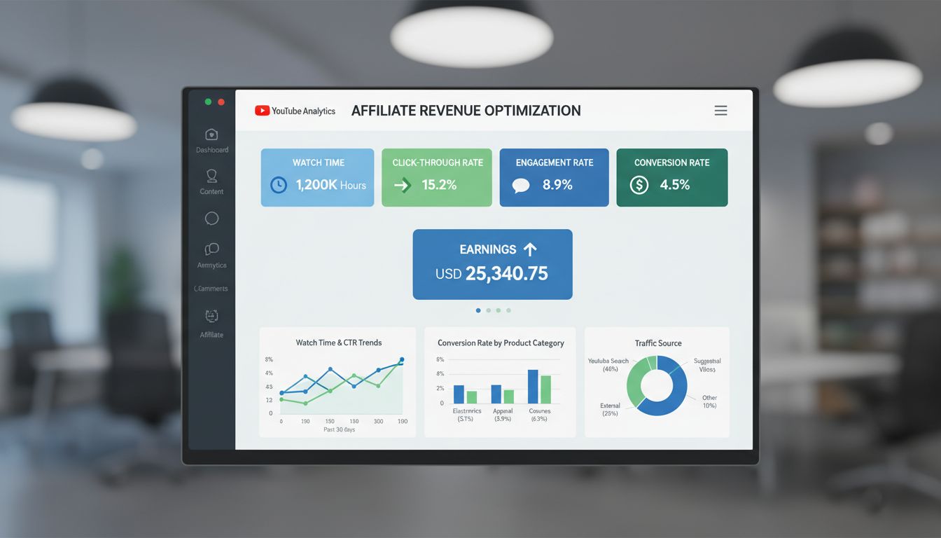 YouTube affiliate revenue optimization dashboard showing analytics metrics including watch time, click-through rate, engagement rate, conversion rate, and earnings with charts and performance indicators
