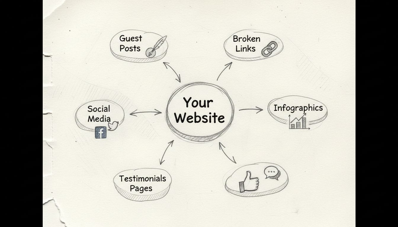 Backlink building strategies diagram showing multiple sources connecting to your website including guest posts, broken links, social media, infographics, forums, testimonials, and resource pages