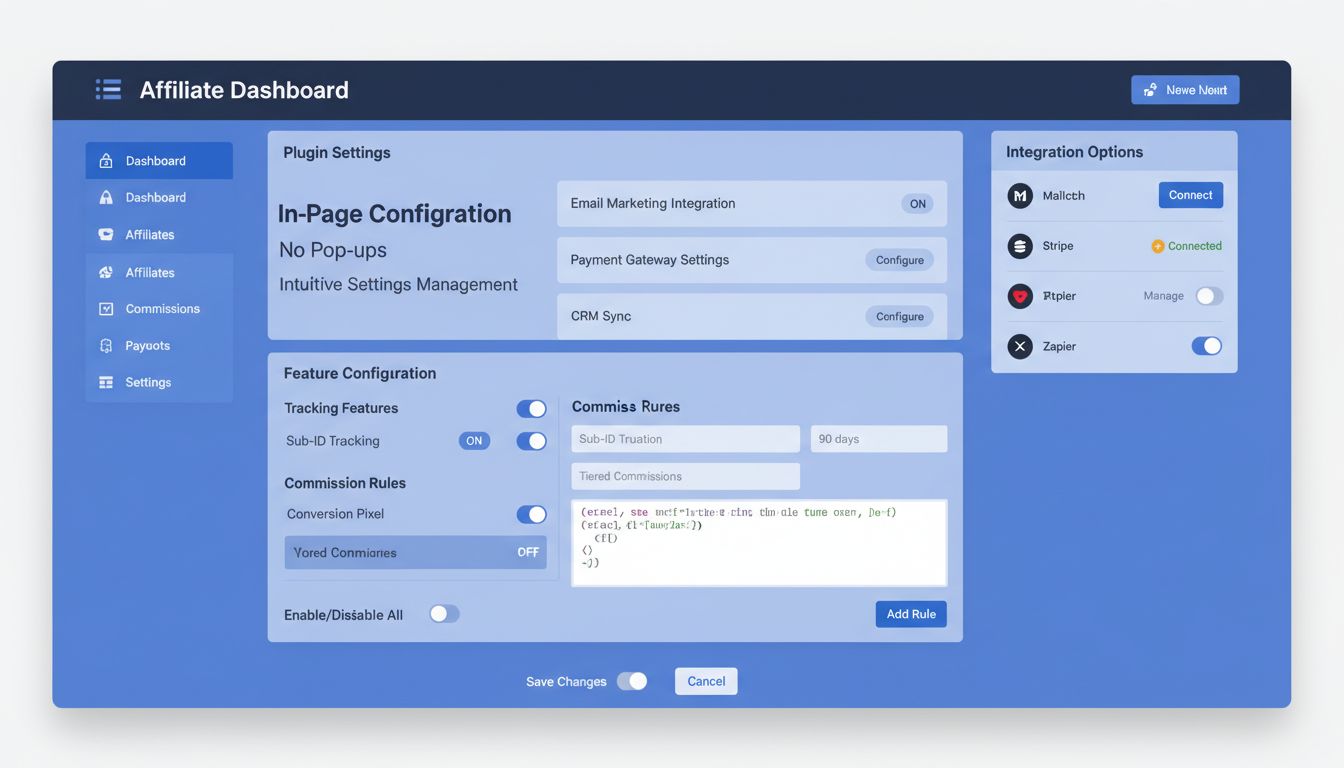 Modern affiliate software dashboard showing in-page plugin configuration with toggle switches and dropdown menus