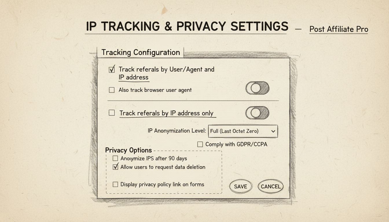 IP tracking configuration settings interface showing tracking levels checkboxes in Post Affiliate Pro