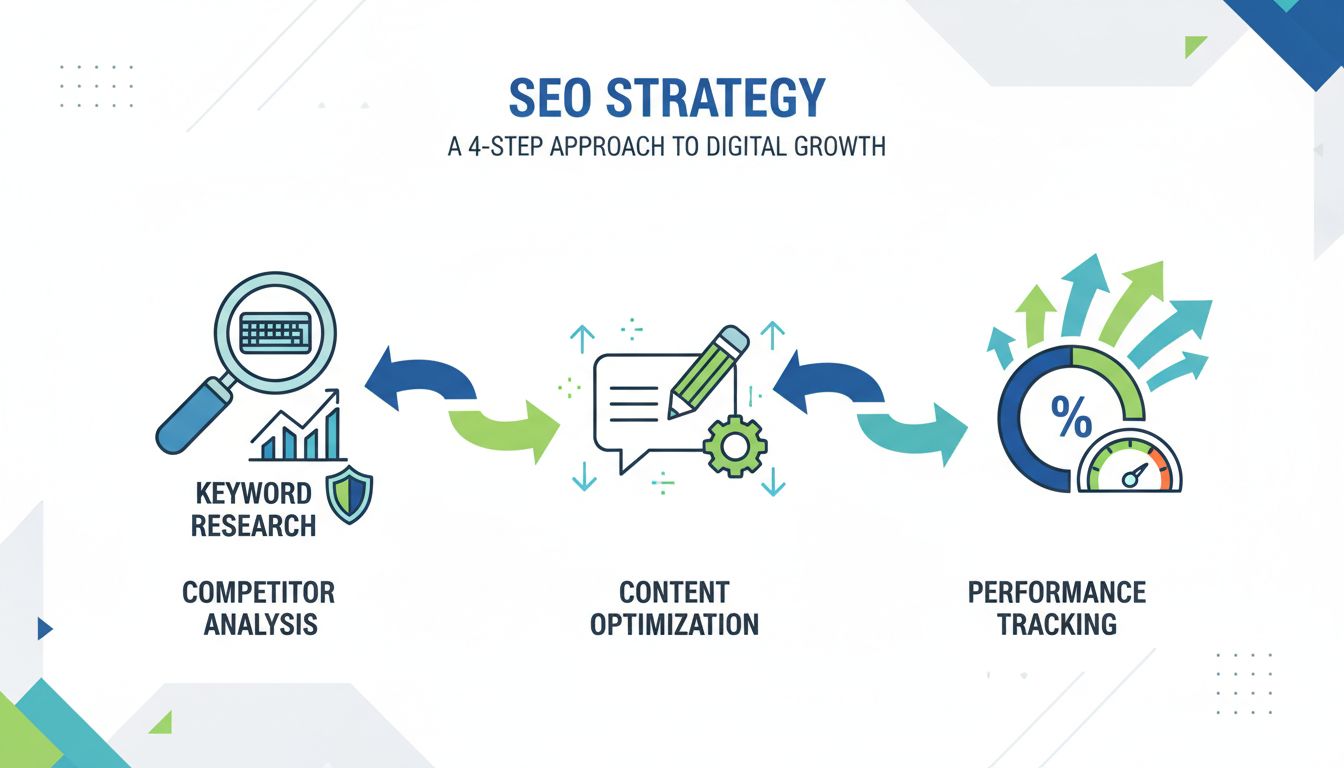 SEO strategy infographic showing keyword research, competitor analysis, content optimization, and performance tracking steps
