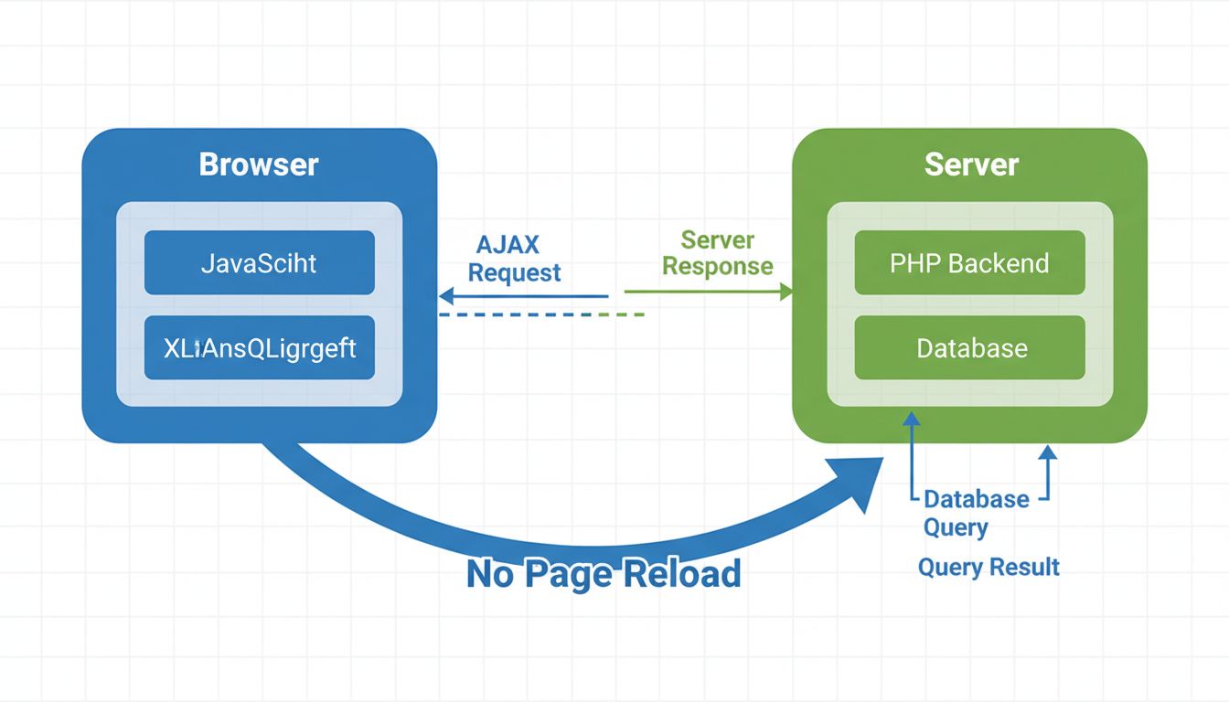 AJAX communication flow diagram showing browser and server interaction without page reload