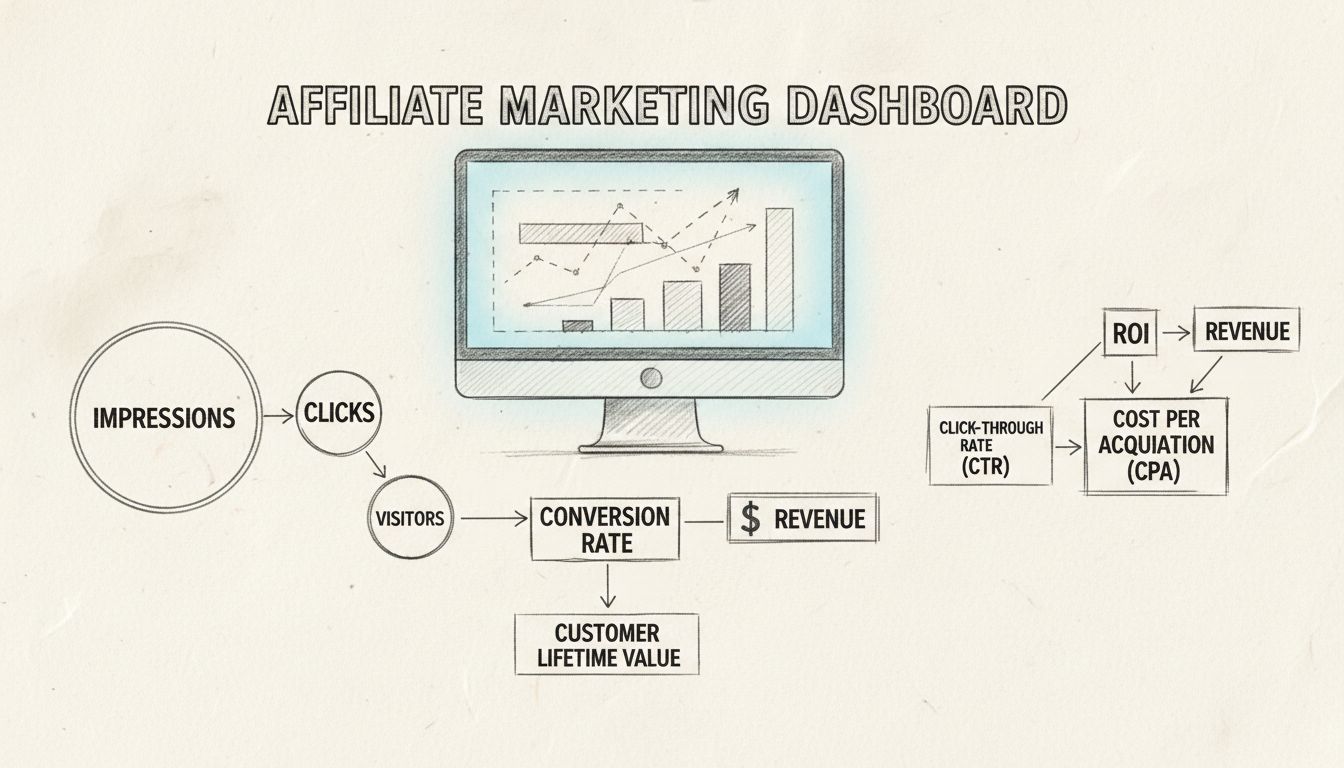 Affiliate marketing metrics dashboard showing KPIs including ROI, CTR, conversion rate, CPA, revenue, impressions, clicks, and customer lifetime value
