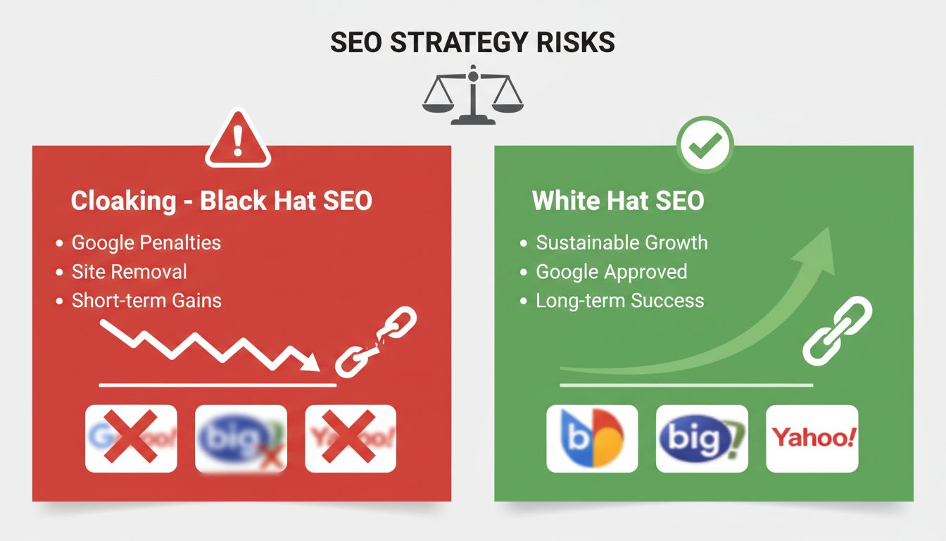 Comparison of Black Hat SEO Cloaking vs White Hat SEO - Risks and Benefits