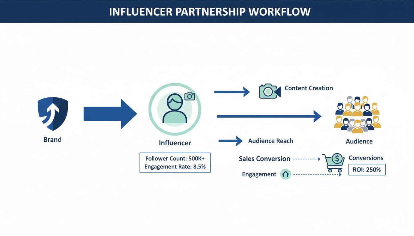 Influencer partnership workflow showing brand connection to influencer, audience engagement, and conversion metrics