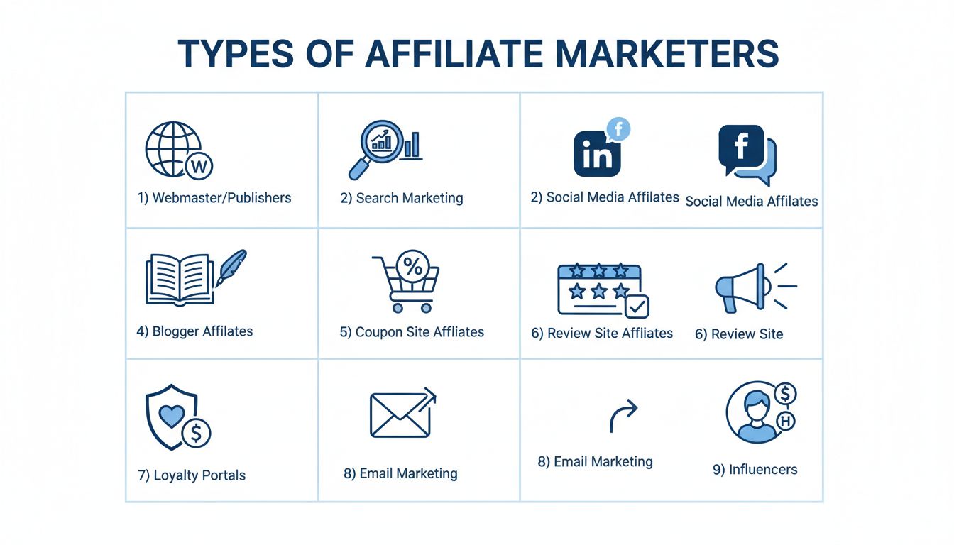 Types of Affiliate Marketers - Webmaster, Search Marketing, Social Media, Blogger, Coupon Site, Review Site, Loyalty Portal, Email Marketing, and Influencer affiliates