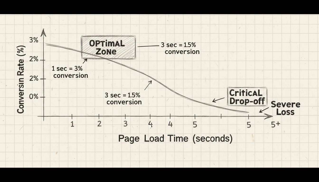 Hand-drawn diagram showing the relationship between page load time and conversion rates, with declining curve from 3% conversion at 1 second to 0.6% at 5+ seconds