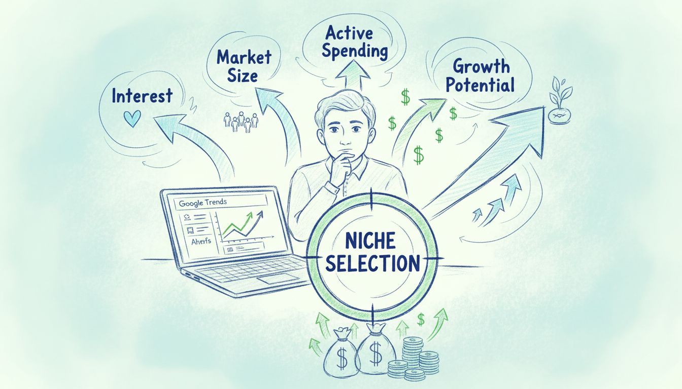 Hand-drawn diagram showing niche selection process with analysis tools, target symbol, growth arrows, and key factors like interest, market size, active spending, and growth potential