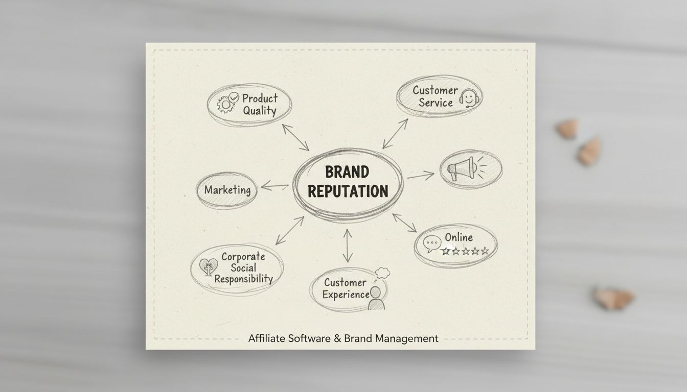Hand-drawn diagram showing brand reputation factors including product quality, customer service, marketing, corporate social responsibility, online reviews, and customer experience