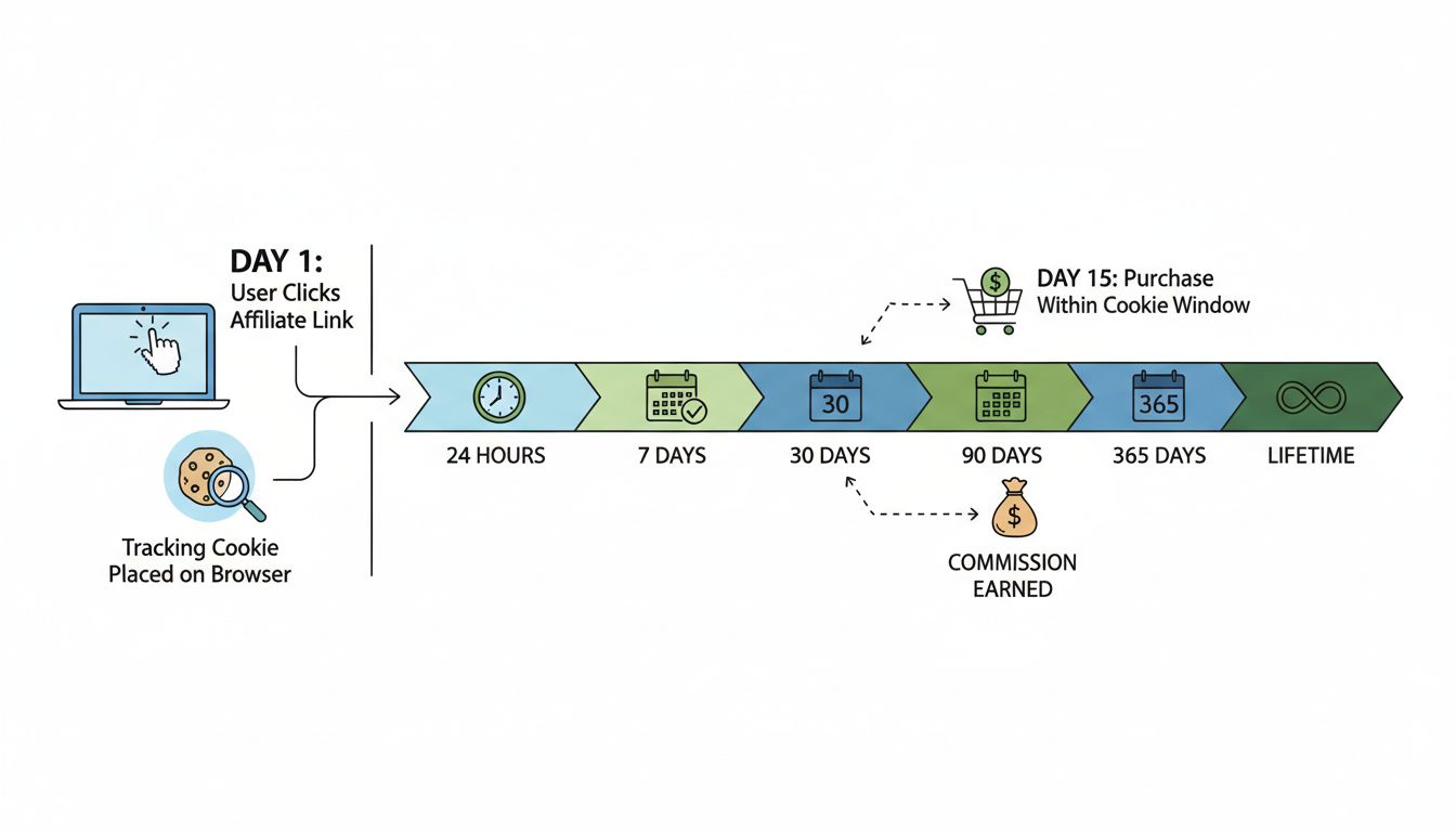 Cookie lifetime timeline infographic showing affiliate tracking from click to purchase within different cookie duration windows