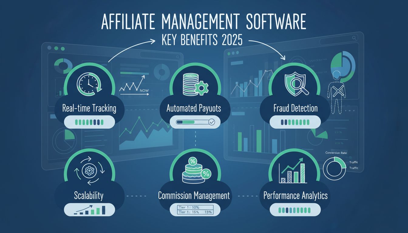 Infographic showing key benefits of affiliate management software including real-time tracking, automated payouts, fraud detection, scalability, commission management, and performance analytics
