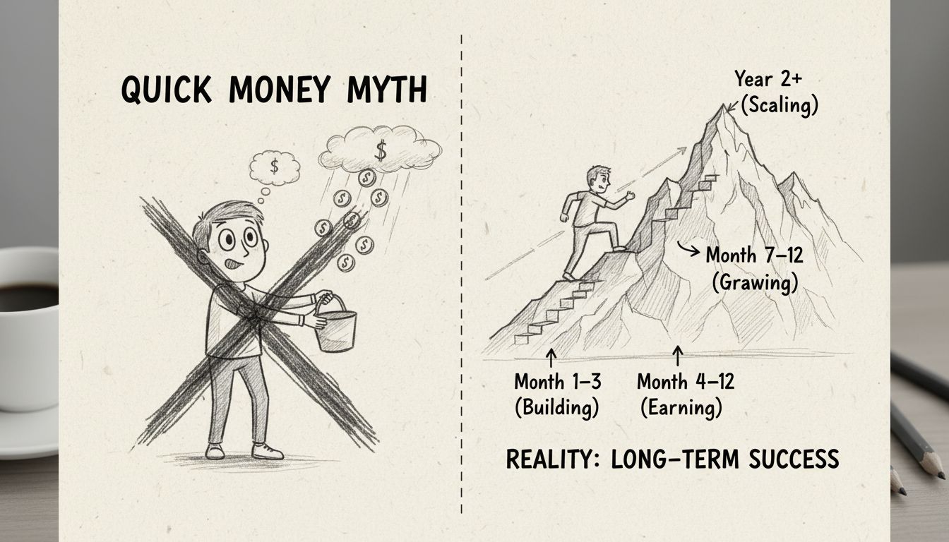 Affiliate marketing reality: myth vs long-term success journey showing stages of building, growing, earning and scaling
