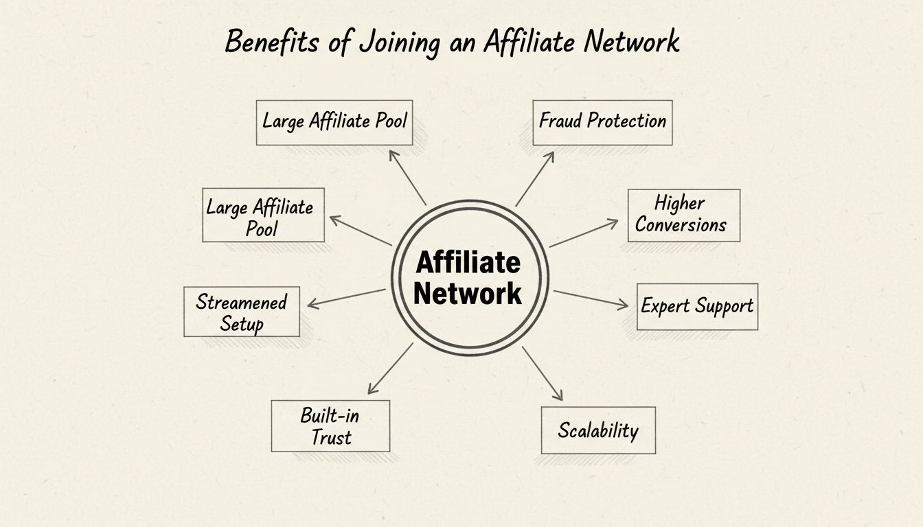 Hand-drawn diagram showing the benefits of joining an affiliate network with central hub and surrounding benefits