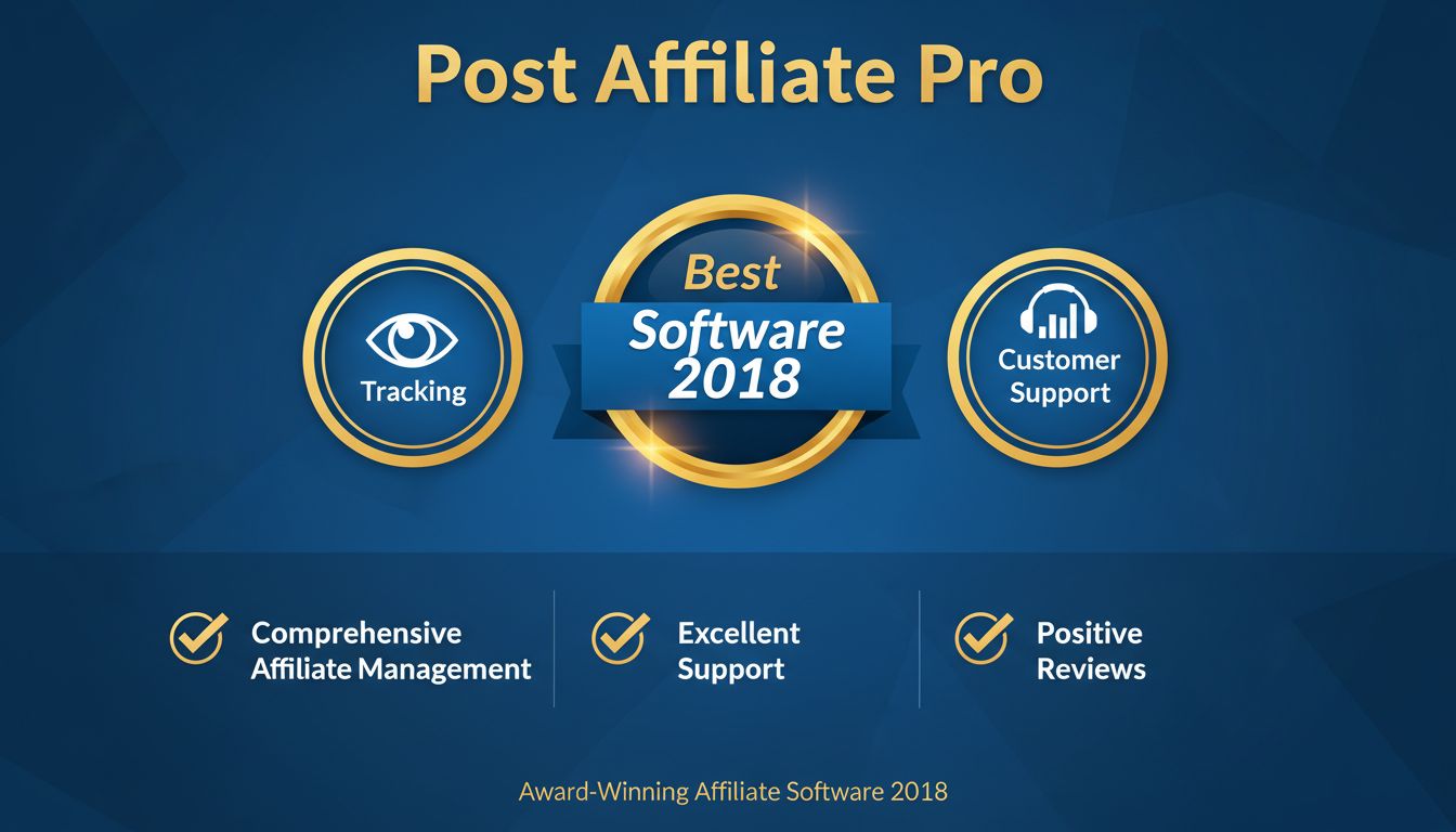 Post Affiliate Pro award-winning software 2018 recognition with trophy badge, tracking, reporting, and customer support features