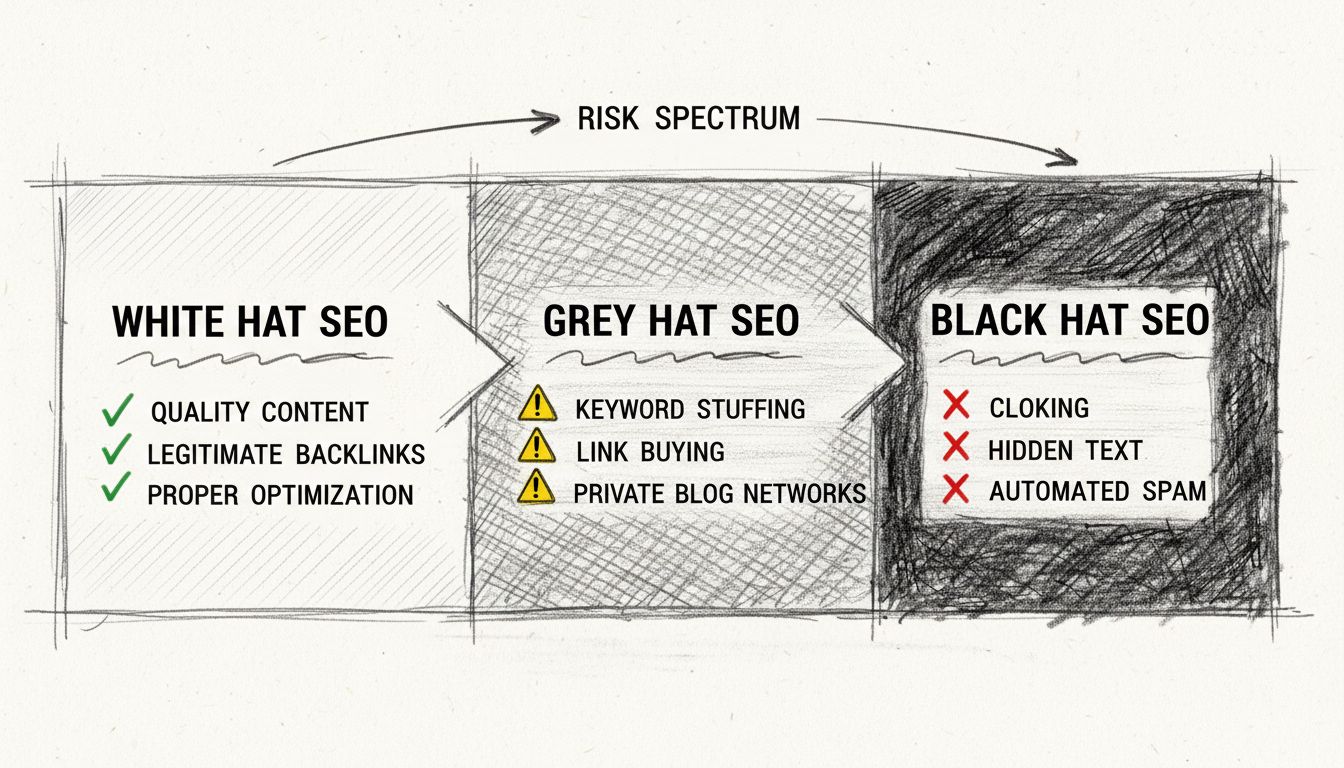 SEO techniques spectrum showing white hat, grey hat, and black hat approaches with visual indicators