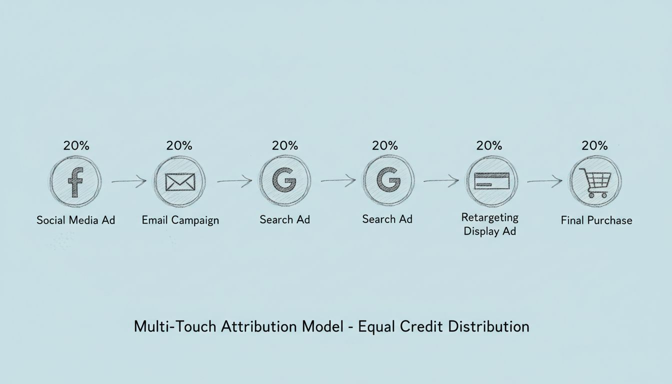 Multi-touch attribution customer journey diagram showing equal credit distribution across five marketing touchpoints