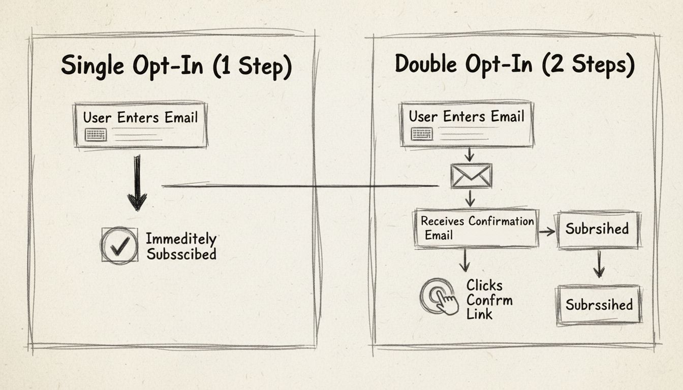 Hand-drawn diagram comparing single opt-in vs double opt-in email subscription process with clear steps and labels