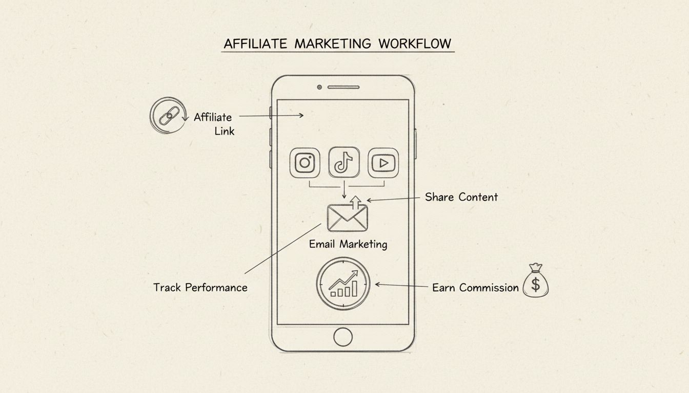 Hand-drawn diagram showing smartphone affiliate marketing workflow with affiliate link generation, social media sharing, email marketing, and analytics tracking