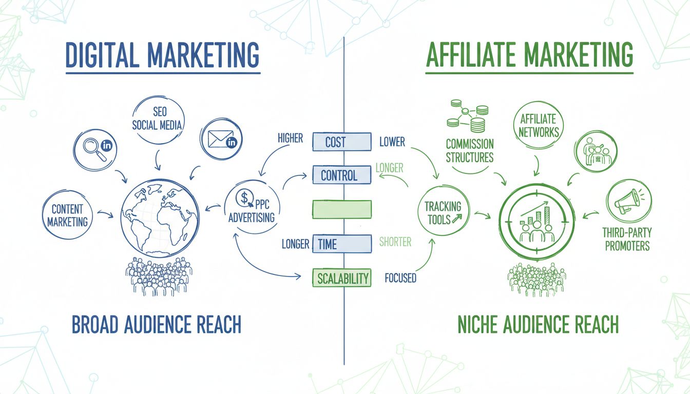 Infographic comparing digital marketing vs affiliate marketing strategies with icons for channels, metrics, and audience reach