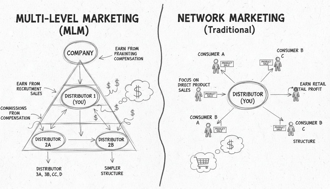 Hand-drawn diagram comparing MLM and Network Marketing structures with commission flow and distributor levels